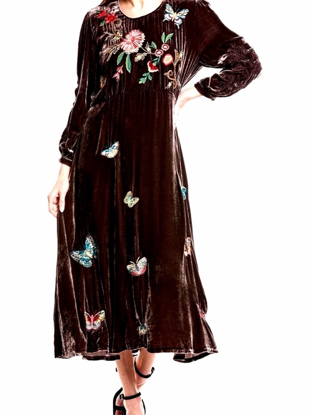 Johnny Was Luciana Embroidered Velvet Dress - Coffee Bean w/ Floral & Butterfly